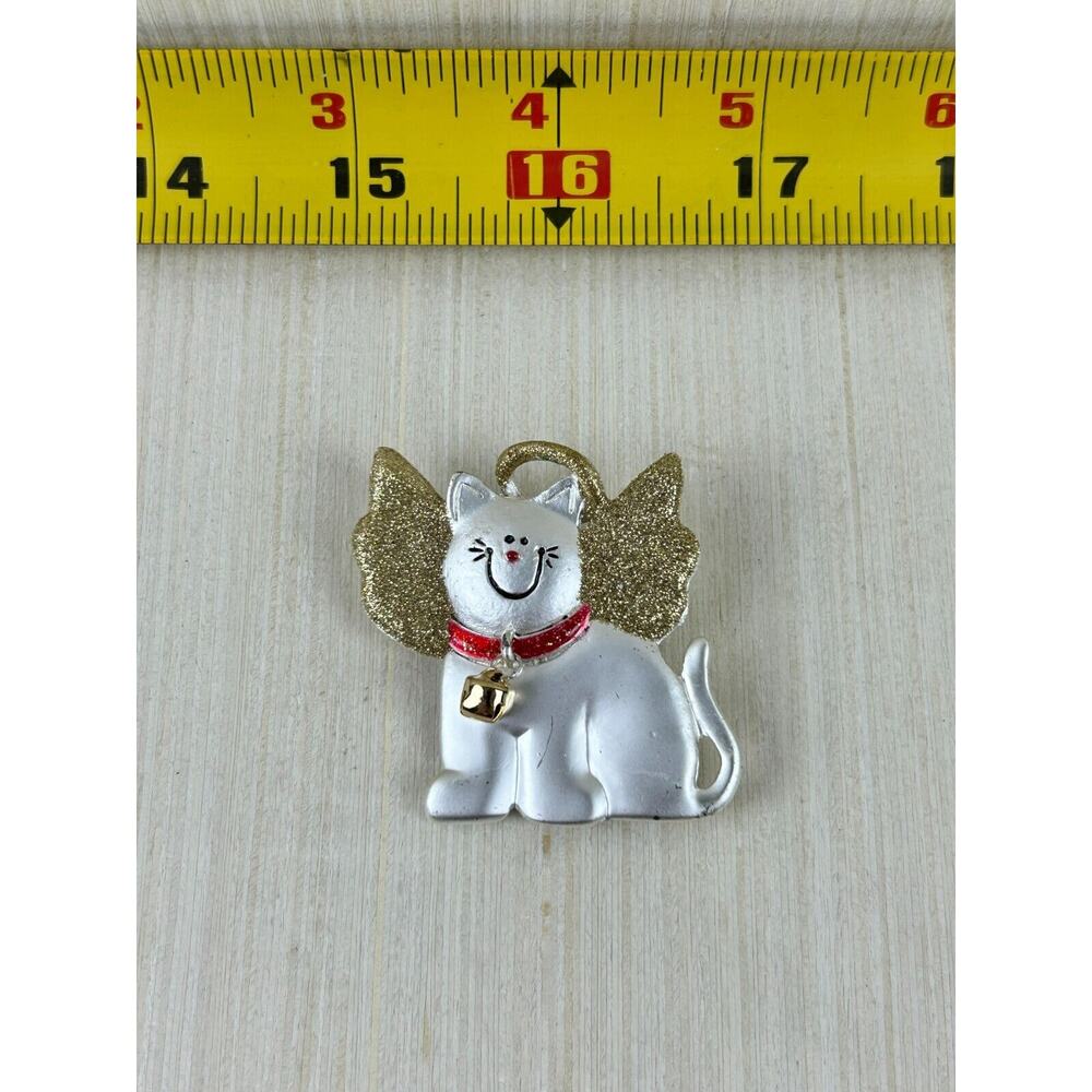 AJMC White Cat Pin Purrfect‎ Angel Christmas Holiday Gold Glitter Wings & Halo